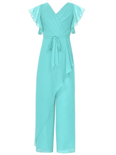 TiaoBug Mädchen Festlich Chiffon Jumpsuit Overall Lang Hosenanzug Kurze Puffärmel Top Weite Hose Ganzkörperanzug Body Festzug Outfits Türkis 134-140 von TiaoBug