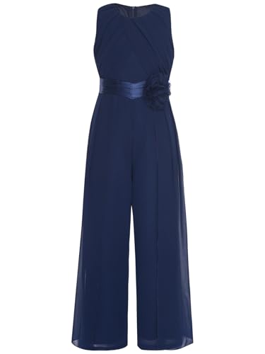TiaoBug Mädchen Festlich Jumpsuit Chiffon Hosenanzug Lang Ärmellos Top Empire Weite Hose mit Raffung Volants Sommer Ganzkörperanzug Body Geburtstag Outfits Dunkelblau 122-128 von TiaoBug