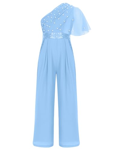TiaoBug Mädchen Festlich Jumpsuit Chiffon Hosenanzug Lang Kunstperlen Volants Top Empire Weite Hose Sommer Ganzkörperanzug Body Geburtstag Outfits Hellblau 122-128 von TiaoBug