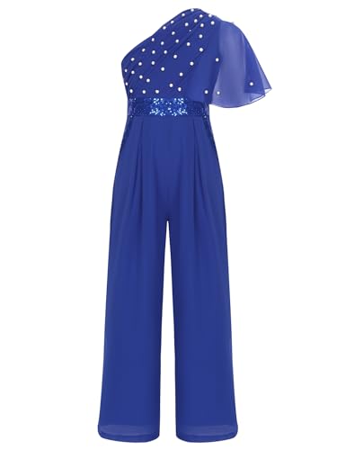 TiaoBug Mädchen Festlich Jumpsuit Chiffon Hosenanzug Lang Kunstperlen Volants Top Empire Weite Hose Sommer Ganzkörperanzug Body Geburtstag Outfits Königsblau 134-140 von TiaoBug