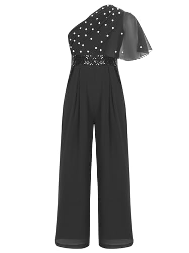 TiaoBug Mädchen Festlich Jumpsuit Chiffon Hosenanzug Lang Kunstperlen Volants Top Empire Weite Hose Sommer Ganzkörperanzug Body Geburtstag Outfits Schwarz 158-164 von TiaoBug