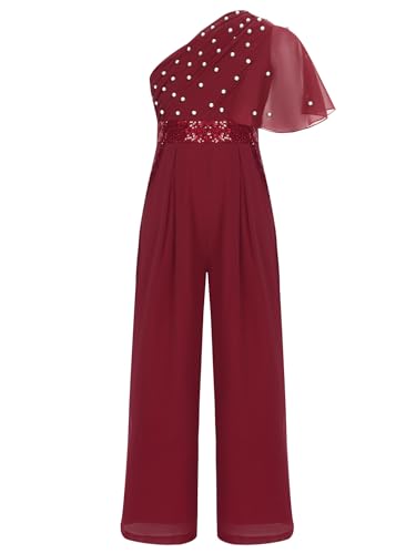 TiaoBug Mädchen Festlich Jumpsuit Chiffon Hosenanzug Lang Kunstperlen Volants Top Empire Weite Hose Sommer Ganzkörperanzug Body Geburtstag Outfits Weinrot 122-128 von TiaoBug