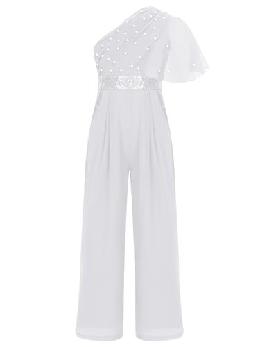 TiaoBug Mädchen Festlich Jumpsuit Chiffon Hosenanzug Lang Kunstperlen Volants Top Empire Weite Hose Sommer Ganzkörperanzug Body Geburtstag Outfits Weiß 146-152 von TiaoBug