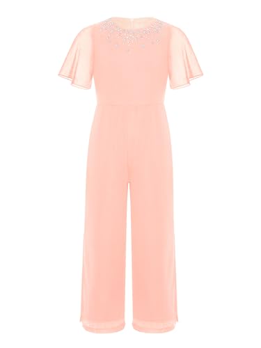 TiaoBug Mädchen Festlich Jumpsuit Chiffon Overall Pailletten Hosenanzug Kurzarm Shirt Top und Lange Hose Loose Fit Ganzkörperanzug Prinzessin Geburtstag Party Einteiler Outfits Rosa 146-152 von TiaoBug