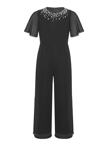 TiaoBug Mädchen Festlich Jumpsuit Chiffon Overall Pailletten Hosenanzug Kurzarm Shirt Top und Lange Hose Loose Fit Ganzkörperanzug Prinzessin Geburtstag Party Einteiler Outfits Schwarz 158-164 von TiaoBug