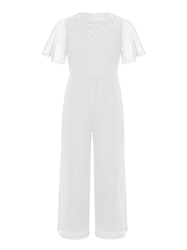 TiaoBug Mädchen Festlich Jumpsuit Chiffon Overall Pailletten Hosenanzug Kurzarm Shirt Top und Lange Hose Loose Fit Ganzkörperanzug Prinzessin Geburtstag Party Einteiler Outfits Weiß 158-164 von TiaoBug