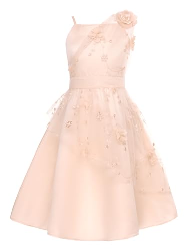 TiaoBug Mädchen Festlich Kinder Prinzessin Kleider Blumenmädchenkleid Brautjunfernkleid Spaghettiträger Partykleid mit Blumen Festkleider Hochzeits Kleidung gr. 110-170 Aprikose 122-128 von TiaoBug