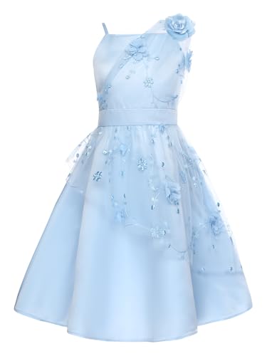 TiaoBug Mädchen Festlich Kinder Prinzessin Kleider Blumenmädchenkleid Brautjunfernkleid Spaghettiträger Partykleid mit Blumen Festkleider Hochzeits Kleidung gr. 110-170 Hellblau 170 von TiaoBug