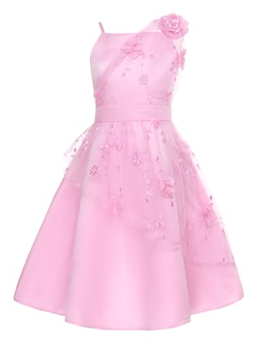 TiaoBug Mädchen Festlich Kinder Prinzessin Kleider Blumenmädchenkleid Brautjunfernkleid Spaghettiträger Partykleid mit Blumen Festkleider Hochzeits Kleidung gr. 110-170 Rosa 146-152 von TiaoBug