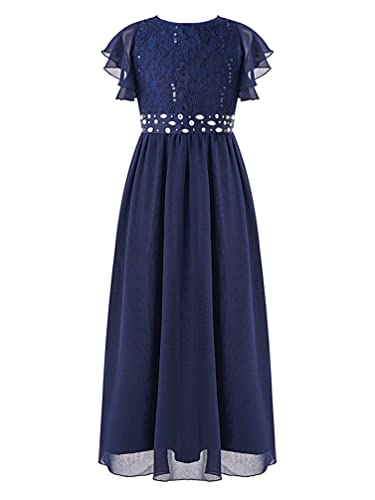 TiaoBug Mädchen Festlich Kleider Elegant Spitzen Cocktailkleid lang Ärmellos Party Ballkleid mit Chiffon Rock Tanzkleid mit Unterhose Schlitz am Vorne gr. 104-176 Marineblau D 104 von TiaoBug