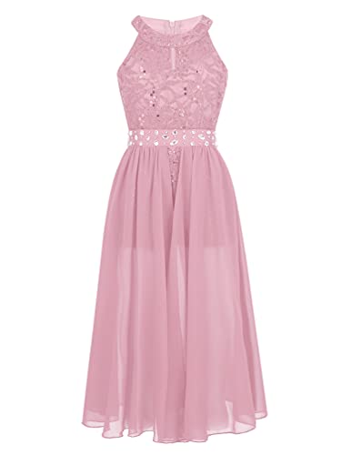 TiaoBug Mädchen Festlich Kleider Elegant Spitzen Cocktailkleid lang Ärmellos Party Ballkleid mit Chiffon Rock Tanzkleid mit Unterhose Schlitz am Vorne gr. 104-176 Pink 152 von TiaoBug