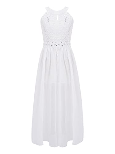 TiaoBug Mädchen Festlich Kleider Elegant Spitzen Cocktailkleid lang Ärmellos Party Ballkleid mit Chiffon Rock Tanzkleid mit Unterhose Schlitz am Vorne gr. 104-176 Weiß 164 von TiaoBug