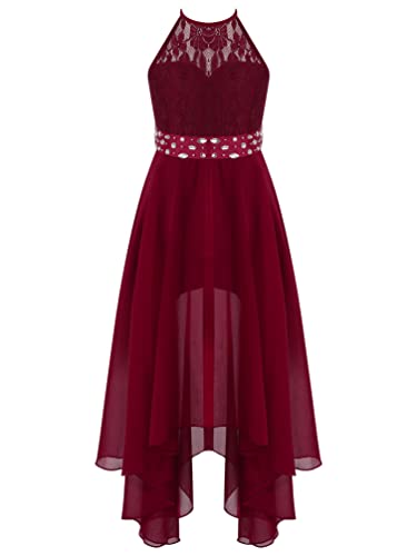 TiaoBug Mädchen Festlich Kleider Hochzeits Blumenmädchenkleid Brautjungfernkleid mit Strass Gürtel Maxi Chiffon Rock mit Schlitz Shorts Burgundy E 134-140 von TiaoBug