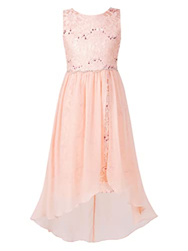 TiaoBug Mädchen Festlich Kleider Hochzeits Blumenmädchenkleid Brautjungfernkleid mit Strass Gürtel Maxi Chiffon Rock mit Schlitz Shorts Coral Pink B 122-128 von TiaoBug