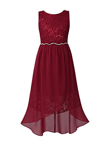 TiaoBug Mädchen Festlich Kleider Hochzeits Blumenmädchenkleid Brautjungfernkleid mit Strass Gürtel Maxi Chiffon Rock mit Schlitz Shorts Dunkelrot B 134-140 von TiaoBug