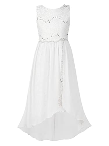 TiaoBug Mädchen Festlich Kleider Hochzeits Blumenmädchenkleid Brautjungfernkleid mit Strass Gürtel Maxi Chiffon Rock mit Schlitz Shorts Elfenbein B 122-128 von TiaoBug