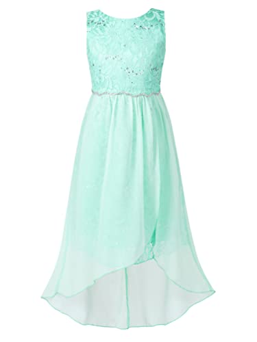 TiaoBug Mädchen Festlich Kleider Hochzeits Blumenmädchenkleid Brautjungfernkleid mit Strass Gürtel Maxi Chiffon Rock mit Schlitz Shorts Mint Grün B 134-140 von TiaoBug