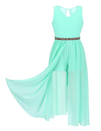 TiaoBug Mädchen Festlich Kleider Hochzeits Blumenmädchenkleid Brautjungfernkleid mit Strass Gürtel Maxi Chiffon Rock mit Schlitz Shorts Mintgrün 134-140 von TiaoBug