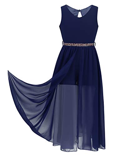 TiaoBug Mädchen Festlich Kleider Hochzeits Blumenmädchenkleid Brautjungfernkleid mit Strass Gürtel Maxi Chiffon Rock mit Schlitz Shorts Navyblau 122-128 von TiaoBug