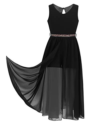 TiaoBug Mädchen Festlich Kleider Hochzeits Blumenmädchenkleid Brautjungfernkleid mit Strass Gürtel Maxi Chiffon Rock mit Schlitz Shorts Schwarz 170-176 von TiaoBug