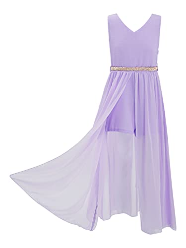 TiaoBug Mädchen Festlich Kleider Hochzeits Blumenmädchenkleid Brautjungfernkleid mit Strass Gürtel Maxi Chiffon Rock mit Schlitz Shorts Violett 158-164 von TiaoBug