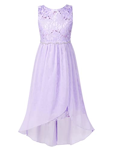 TiaoBug Mädchen Festlich Kleider Hochzeits Blumenmädchenkleid Brautjungfernkleid mit Strass Gürtel Maxi Chiffon Rock mit Schlitz Shorts Violett B 134-140 von TiaoBug