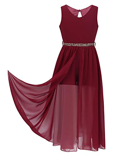 TiaoBug Mädchen Festlich Kleider Hochzeits Blumenmädchenkleid Brautjungfernkleid mit Strass Gürtel Maxi Chiffon Rock mit Schlitz Shorts Weinrot 146-152 von TiaoBug