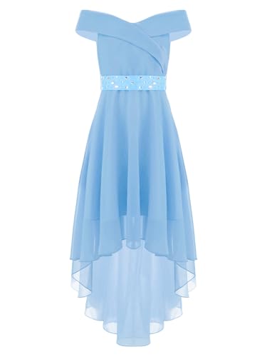 TiaoBug Mädchen Festlich Kleider Kinder Off Shouder Partykleid Festkleid Hochzeits Festzug Spitzen Rüschen Ausschnitt Swing Ausgestellt Faltenrock gr.116-164 Himmelblau J 158-164 von TiaoBug