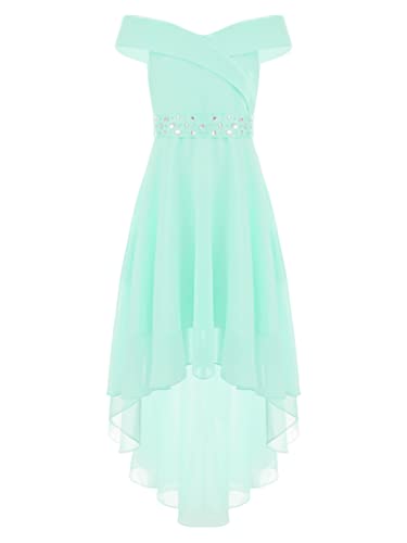 TiaoBug Mädchen Festlich Kleider Kinder Off Shouder Partykleid Festkleid Hochzeits Festzug Spitzen Rüschen Ausschnitt Swing Ausgestellt Faltenrock gr.116-164 Mint Grün J 122-128 von TiaoBug