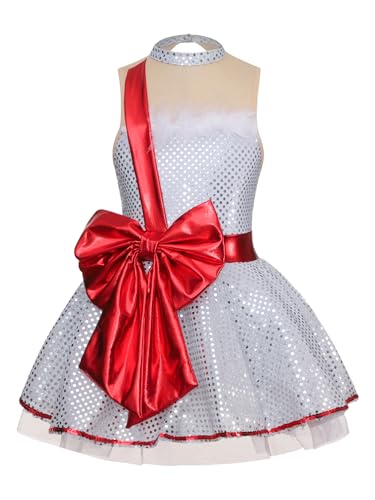 TiaoBug Mädchen Festlich Kleider Pailletten Tanzkleid Jazz Schneemann Cosplay Kostüm Weihnachten Partykleid mit Plüsch Saum Weiß C 170-176 von TiaoBug