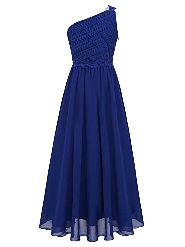 TiaoBug Mädchen Festlich Kleider lang Hochzeits Brautjungfern Blumenmädchenkleid EIN-Schulter Chiffon Partykleid Abschlussball Cocktailkleid Prom Abendkleid gr.110-164 Blau F 134-140 von TiaoBug