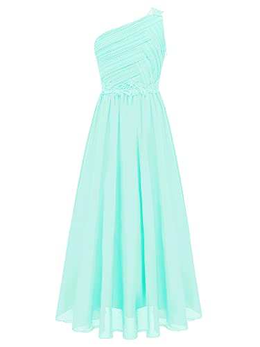 TiaoBug Mädchen Festlich Kleider lang Hochzeits Brautjungfern Blumenmädchenkleid EIN-Schulter Chiffon Partykleid Abschlussball Cocktailkleid Prom Abendkleid gr.110-164 Mint Grün F 122-128 von TiaoBug