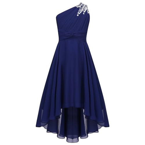 TiaoBug Mädchen Festlich Kleider lang Hochzeits Brautjungfern Blumenmädchenkleid EIN-Schulter Chiffon Partykleid Abschlussball Cocktailkleid Prom Abendkleid gr.110-164 Navy Blau I 158-164 von TiaoBug