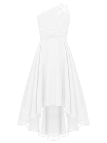 TiaoBug Mädchen Festlich Kleider lang Hochzeits Brautjungfern Blumenmädchenkleid EIN-Schulter Chiffon Partykleid Abschlussball Cocktailkleid Prom Abendkleid gr.110-176 Elfenbein I 134-140 von TiaoBug