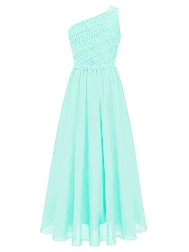 TiaoBug Mädchen Festlich Kleider lang Hochzeits Brautjungfern Blumenmädchenkleid EIN-Schulter Chiffon Partykleid Abschlussball Cocktailkleid Prom Abendkleid gr.110-176 Mint Grün F 146-152 von TiaoBug
