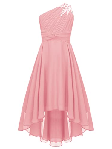 TiaoBug Mädchen Festlich Kleider lang Hochzeits Brautjungfern Blumenmädchenkleid EIN-Schulter Chiffon Partykleid Abschlussball Cocktailkleid Prom Abendkleid gr.110-176 Rosa I 158-164 von TiaoBug