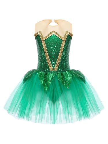 TiaoBug Mädchen Festliche Ballettkleidung Pailletten Ballettkleid Ballettanzug Ballett Trikot Elfen Tanz Kostüm Kinder Tüll Tütü Kleid gr. 110-170 Grün 134-140 von TiaoBug
