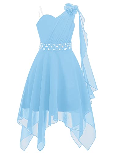 TiaoBug Mädchen Festliche Kleider EIN-Schulter Prinzessin Partykleid Asymmetrisches Brautjungfernkleid Blumenmädchenkleid Hochzeits Outfits Hellblau 146-152 von TiaoBug