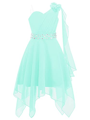 TiaoBug Mädchen Festliche Kleider EIN-Schulter Prinzessin Partykleid Asymmetrisches Brautjungfernkleid Blumenmädchenkleid Hochzeits Outfits Mint Grün 170-176 von TiaoBug