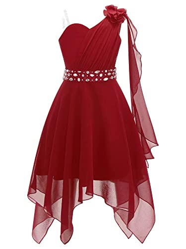 TiaoBug Mädchen Festliche Kleider EIN-Schulter Prinzessin Partykleid Asymmetrisches Brautjungfernkleid Blumenmädchenkleid Hochzeits Outfits Weinrot 158-164 von TiaoBug