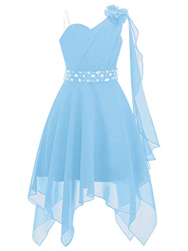 TiaoBug Mädchen Festliche Kleider EIN-Schulter Prinzessin Partykleid Asymmetrisches Brautjungfernkleid Blumenmädchenkleid Hochzeits Outfits Z Hellblau 134-140 von TiaoBug