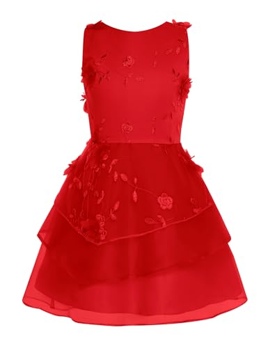 TiaoBug Mädchen Festliche Kleider Kinder Prinzessin Blumenmädchenkleid Satin Spitzen Brautjunfernkleid Knielang Partykleid mit Tutu Festkleider Hochzeits Outfits gr.110-164 Rot 146-152 von TiaoBug