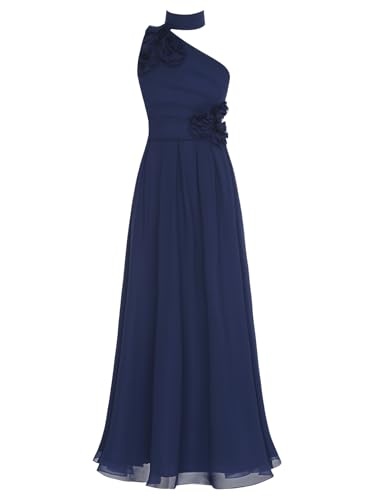 TiaoBug Mädchen Festliche Kleider Kinder Prinzessin Neckholder EIN-Schulter Partykleid Chiffon Blumenmädchenkleid Hochzeit Maxi Lang Festkleider mit 3D Blumen gr.110-164 Dunkelblau 158-164 von TiaoBug