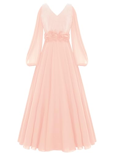 TiaoBug Mädchen Festliche Kleider Langarm Glitzer Blumenmädchenkleider Chiffon Puffärmel Brautjungfernkleid Midi Lang Rock Hochzeit Party Kommunion Kleidung gr.110-164 Rosa 158-164 von TiaoBug