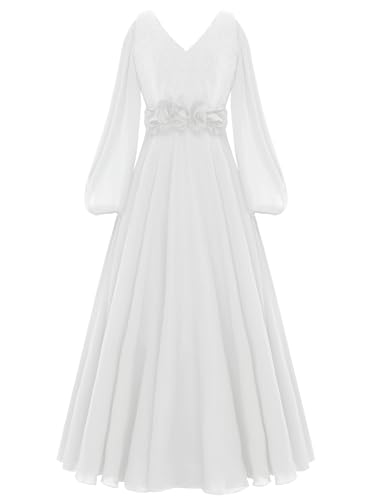 TiaoBug Mädchen Festliche Kleider Langarm Glitzer Blumenmädchenkleider Chiffon Puffärmel Brautjungfernkleid Midi Lang Rock Hochzeit Party Kommunion Kleidung gr.110-164 Weiß 134-140 von TiaoBug