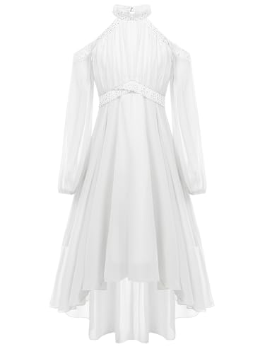 TiaoBug Mädchen Festliche Kleider Neckholder Partykleid mit Lange Puffärmeln Pailletten Brautjungfern Blumenmädchen Kleid Asymmetrische Festkleider Hochzeit Festzug Kleidung Elfenbein 146-152 von TiaoBug