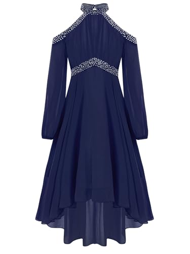 TiaoBug Mädchen Festliche Kleider Neckholder Partykleid mit Lange Puffärmeln Pailletten Brautjungfern Blumenmädchen Kleid Asymmetrische Festkleider Hochzeit Festzug Kleidung Dunkelblau 158-164 von TiaoBug