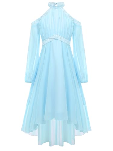 TiaoBug Mädchen Festliche Kleider Neckholder Partykleid mit Lange Puffärmeln Pailletten Brautjungfern Blumenmädchen Kleid Asymmetrische Festkleider Hochzeit Festzug Kleidung Hellblau 158-164 von TiaoBug