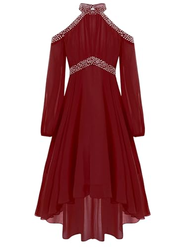 TiaoBug Mädchen Festliche Kleider Neckholder Partykleid mit Lange Puffärmeln Pailletten Brautjungfern Blumenmädchen Kleid Asymmetrische Festkleider Hochzeit Festzug Kleidung Weinrot 158-164 von TiaoBug