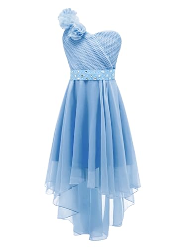TiaoBug Mädchen Festliches Kleid EIN-Schulter Chiffon Blumenmädchenkleid Sommer Partykleid Ausgestellt Rock Hochzeit Festzug Outfits Gr.110-176 Hellblau 170-176 von TiaoBug
